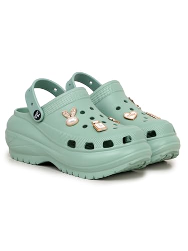 Image of ATHCO Roxxie Clogs For Women's|Girl's| Dual-Color Soft EVA Cushioned With Massage Footbed|Easy Wear with Adjustable Back Strap|Lightweight Platform Heels|Flexible|Breathable|Extra Soft Comfortable Anti-Skid Casual Mule|All-Season|Summer|Monsoon|Rain|Winter|Waterproof|Casual Slip-On Sandal with Cute Charms & Chunky Design|Indoor & Outdoor Wear|Trendy|Fashionable|Stylish|Shoes