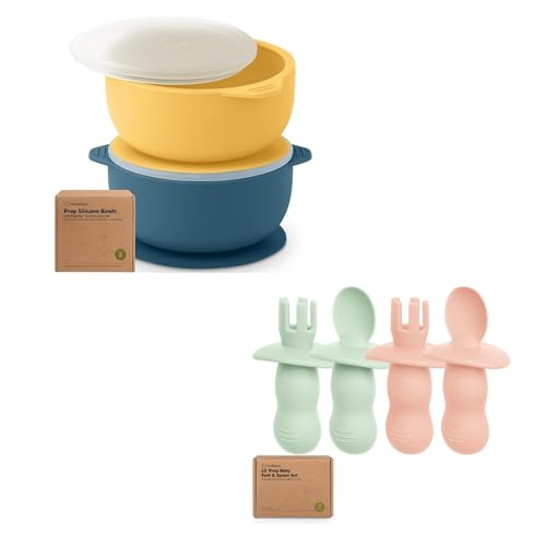 Image of KeaBabies 2-Pack Baby Bowls with Suctions, Lids and 2-Set Silicone Baby Spoons and Forks Set - Silicone Suction Bowls for Baby Boy, Girl, Baby Spoon Self Feeding, BLW Baby Utensils