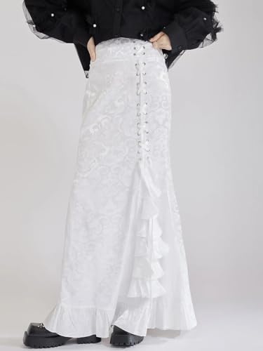 Women's Vintage Maxi Skirt Patchwork Ruffles Irregular Lace-Up Prints High-Waisted Long Skirts4