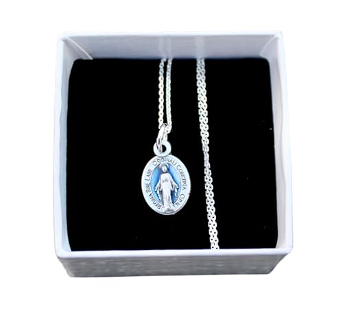 Tiny Latin Virgin Mary Miraculous Medal, Sterling Silver Cable Chain,