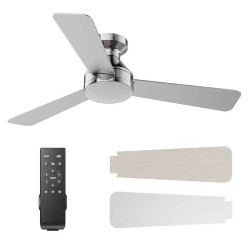 Ceiling Fans with Lights, 42 Inch Ceiling Fan with Light And Remote, 3CCT Flush Moun Low Profile Ceiling Fans, 6 Speed Noiseless LED Ceiling Fan, Advanced Nickel Ceilings Fan for Bedroom Living Room by DAHUICFL - Used condition - US$50.78