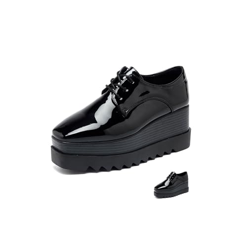 Chaussures Oxford cuir verni noir femme semelle épaisse chaussures marche bout carré
