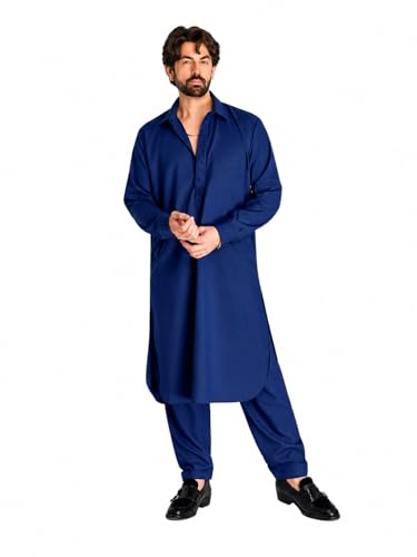Sojanya (Since 1958 Men'S Navy Blue Cotton Blend Pathani Kurta & Salwar Set, Size 40