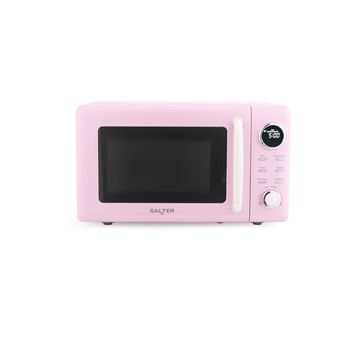 Salter Microondas digital rosa retro – 20L, temporizador de 60 minutos, 8 preajustes de cocción, 5 niveles de potencia, pantalla LED, descongelación por peso/tiempo, plato giratorio de vidrio de 27 cm