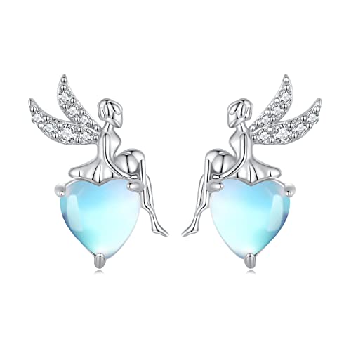 Boucles d'oreilles Pierre de Lune - Qings Argent 925 Boucles d'oreilles Clous Fée Coeur Arc-en-ciel Boucles D'oreilles Moonstone Petites Mignon Bijoux pour Femmes Fille