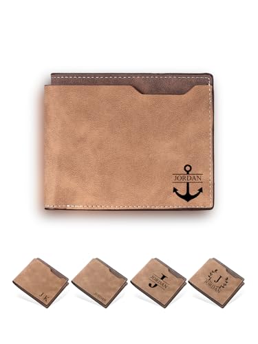 PiercingJ Custom Wallet Leather Initials Name Personalized Gift Casual Bifold Wallets Father's Day Anniversary For Him, Dad,Men (light brown)