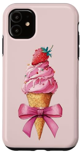 アイスクリームコーン ストロベリーガール ピンク コケット リボン スマホケース iPhone 11 用