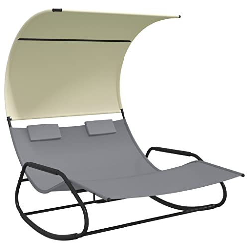 vidaXL Doppel Schaukelliege mit Sonnendach Schaukelstuhl Sonnenliege Gartenliege Liegestuhl Relaxliege Swing Liege Camping Relaxstuhl Grau Creme