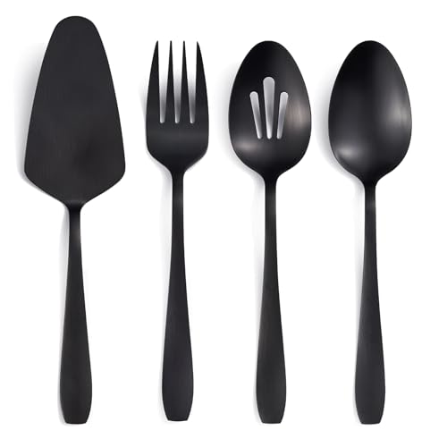 Seeshine Matte Black Serving Set 4-Piece Stainless Steel Large Hostess Set Include Slotted Spoon Serving Spoon Serving Fork and Cake Server Ideal for Buffets Home Gatherings Restaurant