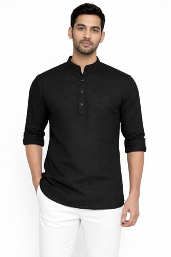 Image of Men's Cotton Kurta, Mandarin Collar Short Kurta, Long Sleeve Casual Shirt for Summer