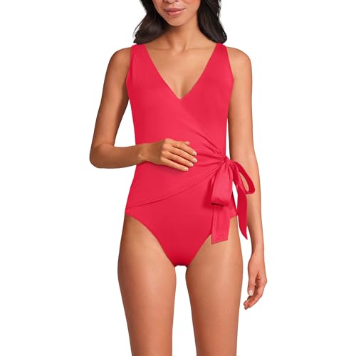 Lands' End Women's Chlorine Resistant Side Tie Wrap High Leg One Piece Swimsuit 4 Coral Roses