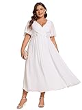 Ever-Pretty Plus Size Women's Breathable Wedding Guest Dress Short Cap Sleeves with Delicate Applique Elegant Mother of The Bride Outfits White 22UK