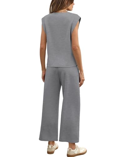 Image of SAMPEEL Two Piece Sets for Women Casual Travel Vacation Outfits Summer Wide Leg Crop Pants Lounge Sets