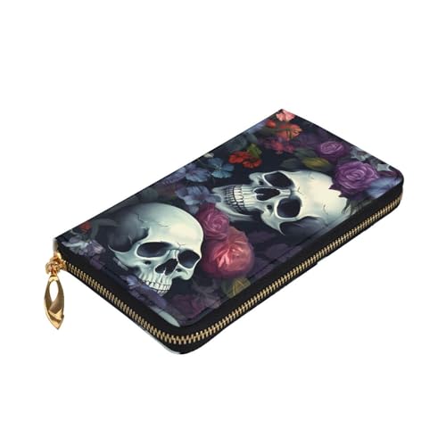 Horrible Dark Skulls Flowers Pattern Picture Leather Long Clutch Wallet for Fashionable Girls and Women - Durable, Stylish, and Functional, Black, One Size3
