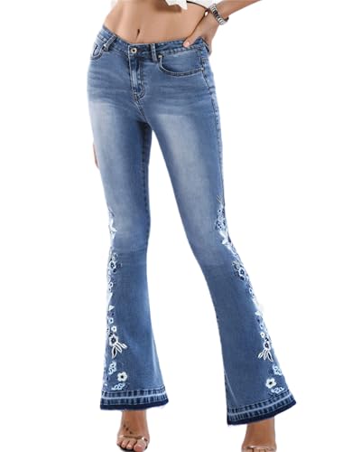 Andongnywell Womens Floral Embroidered Bell Bottom Jeans Chic High-Rise Printed Flare Jeans Long Denim Pants