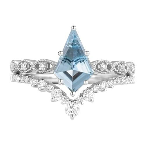 Solid Gold Kite Cut Gemstone and Diamond Wedding Ring Sets for Women, 10K 14K 18K Vintage 2pcs Bridal Rings Set Art Deco Engagement Promise Rings Anniversary Christmas Gifts for Mother Grandma4