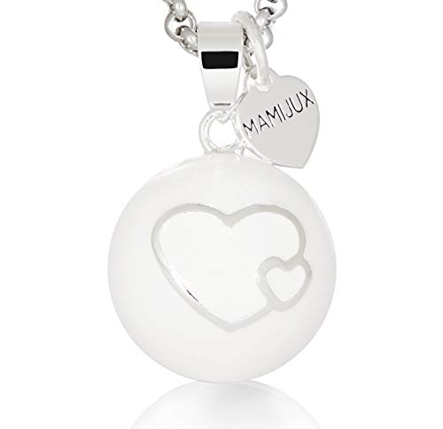 MAMIJUX Die u0093Schwangerschaft Klangkugel weiß glasiert mit Herzen mit Kette Stahl
