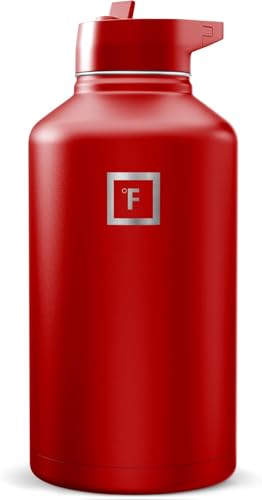 Image of IRON FLASK Camping & Hiking Hydration Flask with Straw, Wide Mouth Insulated Stainless Steel Sports Water Bottle - Fire Red 64 oz - Straw (1 Lid)
