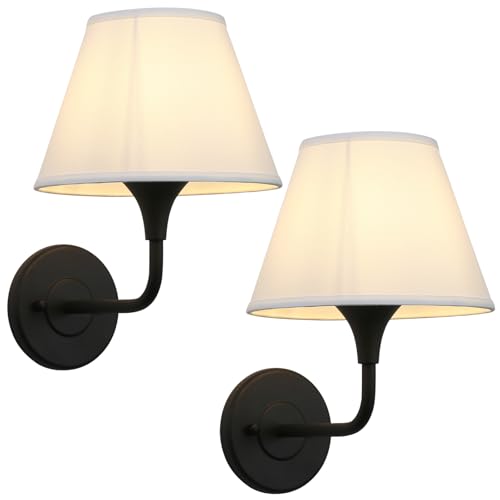 Image of PERMO Wall Sconces Set of 2 Antique Black Sconce Hardwired | Sconce Set of Two with 6.3 inch High White Fabric Lampshade Wall Light for Bedroom Hallway Bathroom Stairs Kitchen
