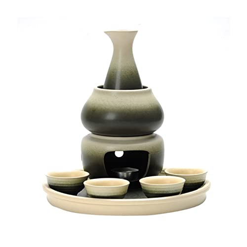 8 Pieces Sake Set, Traditional Retro Ceramics Sake Cup Set, with 1 Warming Pot and 1 Candle Stove, Elegant Design Best Gift for Family and Friends Cups