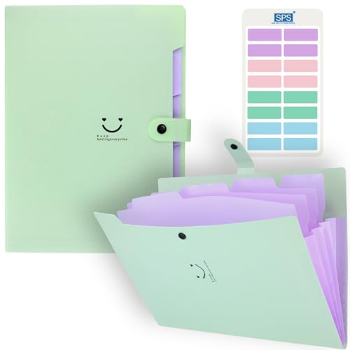 Image of SPS 5 Pocket Expanding File Folder Smile Design - Fits A4 & Letter Size Document Organizer, Accordion File Folders, File for Office, Portable File Organizer, School & Home - Pastel Lavender & Green