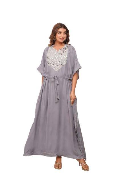 modi factory Elegant Mirror Work Kaftan for Women with Designer Neck & Adjustable Waist | (Grey) Ethnic Wear.-picture-50
