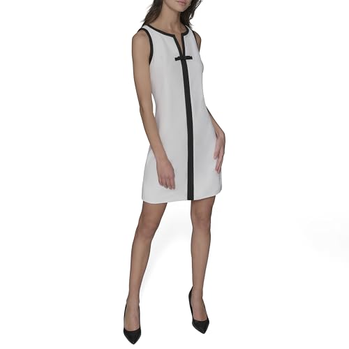 Image of Karl Lagerfeld Women's Sleeveless Split Neck Contrast Trim A-line Mini Dress with Bow Detail