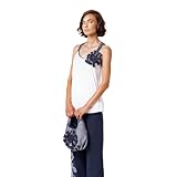  MAMATAYOE Haut Pan de oro Femme Haut Fluide Blanc cassé avec Bretelles en Denim et appliqué Floral 3D, Tailles S-XXL