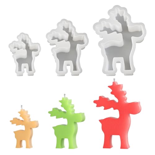 Bekecidi 3 Moldes de Silicona para Velas de Reno, Moldes para Velas de Navidad, Moldes de Resina Epoxi, Moldes de Fundición de Silicona de Alce para Hacer Velas 3D, Aromaterapia, Jabón, Cera