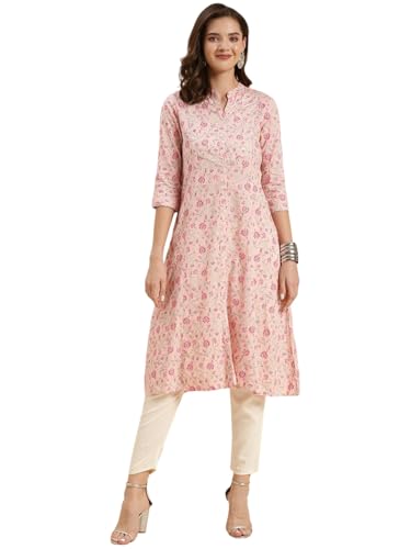 Image of rangita Peach Rayon Calf Length Printed A-line Kurti for Women | Kurta for Women