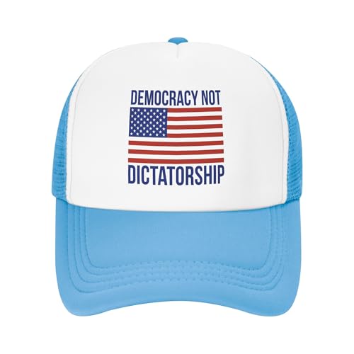 Democracy Not Dictatorship Trucker Hat American Patriotic Save Democracy Baseball Cap Mesh Back Adjustable Hats for Kids - Sky Blue