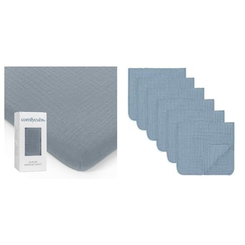 Comfy Cubs Muslin Fitted Bassinet Crib Sheet and Burp Cloths Bundled - Grey