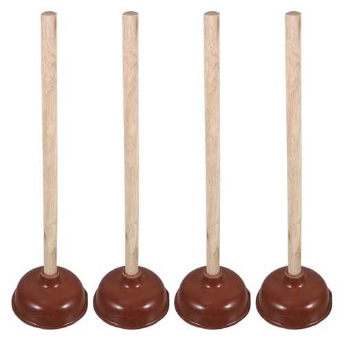 VICASKY Desatascador de Goma para Inodoros y Tuberías con Mango Largo de Madera, 4 Piezas, Herramienta de Fontanería de Alta Presión para Desatascar Baños, Cocinas y Desagües