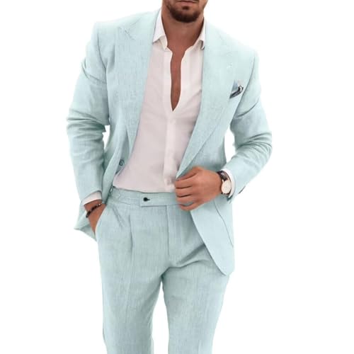 Mens 2 Piece Linen Suit Casual Beach Wedding Blazer Pants Set Summer Linen Suit for Wedding - Main Image