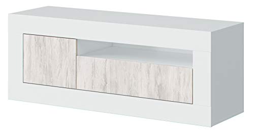 Habitdesign Mueble de TV de 2 Puertas, Modulo Salon, Modelo Baltik, Acabado en Blanco Artik y Blanco Velho, Medidas: 139 cm (Ancho) x 53 cm (Alto) x 42 cm (Fondo)