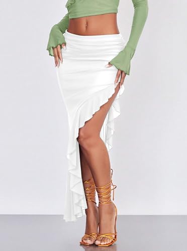 Women's High Waisted Asymmetrical Ruched Mesh Flowy Ruffle Trim Midi Long Skirt3