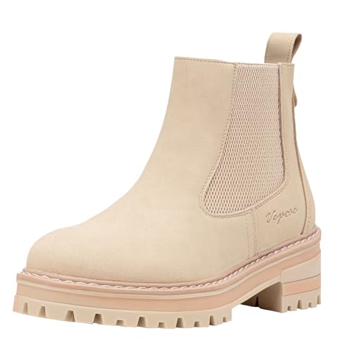 Vepose Women's Chelsea Ankle Boots Lug Sole Fashion Elastic Short