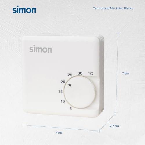 Simon – Mechanischer Thermostat für Heizung, Temperaturregelung 5 °C–30 °C, Aufputzmontage mit 2 Drähten, 10 A, 250 V, analoger Wandthermostat, Weiß