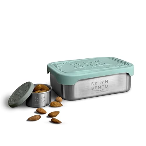 Stainless Steel Food Container & Condiment Holder | Leak Proof Silicone Lid | Metal Lunch Box | Bento Box | Portion Control Snacks Dressings [2 PCS Set/Green]