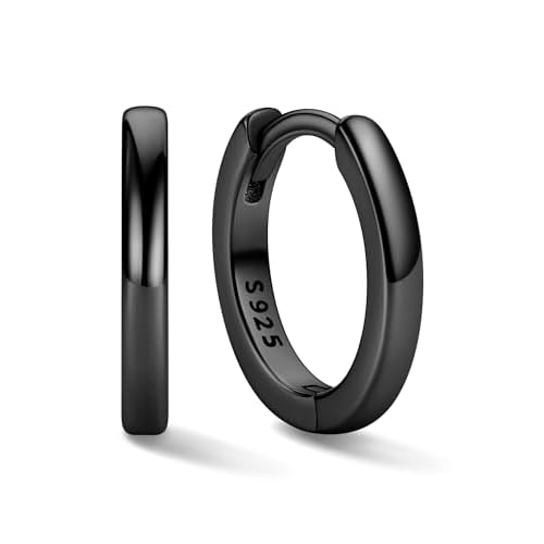 ChicSilver 925 Sterling Silver Huggie Hoop Earrings Small Hoop Earrings for Women Hypoallergenic Silver Huggie Earring Cartilage Earrings for Women (6/8/10/12/14/16/18/20MM) 10MM Black