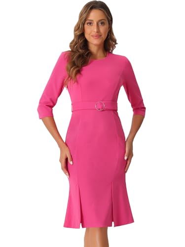 Robe fourreau d'affaires rose vif Allegra K avec ceinture pour femme