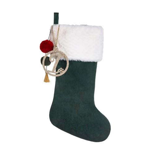 Pxniy Personalized Green Velvet Christmas Stocking, Gold Wooden Initial