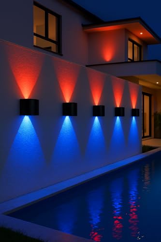 Image of FERA 2 Way LED Wall Light Outdoor Waterproof - Red & Blue Color Up Down Spot Lamp for Home Decoration, Gaming Room & Balcony - Modern Exterior Wall Lights (IP65, Black) (2 ray Color)