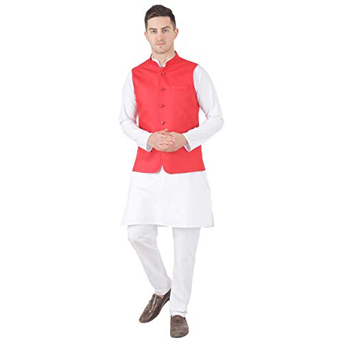 Image of TAHVO Men's Nehru Jacket /Waistcoat /Modi Jacket Cotton Fabric /Men 's 5 Button Nehru Jacket with Hanky Kurta Set