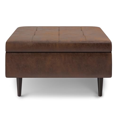 SIMPLIHOME Shay Wide Mid Century Modern Small Rectangle Coffee Table Storage Ottoman Vegan Faux Leather, Assembled, for The Living Room, 34 inch, Distressed Chestnut Brown