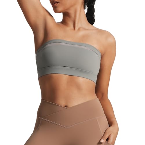 Image of Aoxjox Women's Workout Strapless Bandeau Mesh Bras Training Fitness Running Yoga Crop Tank (Grey, Small)