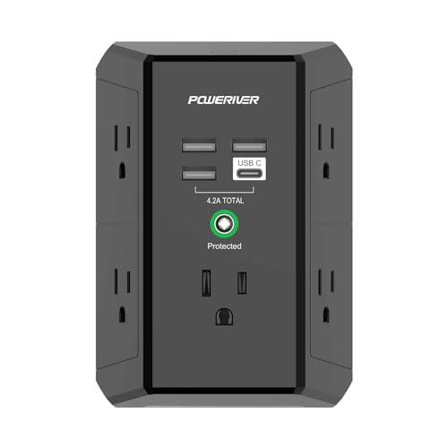 Multi Outlet Extender Surge Protector - POWERIVER Multi Plug Wall Outlet with 5 AC Outlets and 4 USB Ports(1USB C), 1680 Joules, Outlet Splitter for Home School Office, ETL, Black
