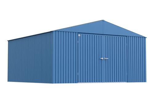 Image of Arrow Shed Elite 14' x 14' Tall Outdoor Steel Storage Shed with High Gable and Lockable Doors Storage Building, Blue Grey