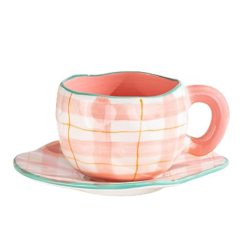 ASMPCUE Kaffeebecher, Keramischer Becher Kaffeebecher mit Untersetzer, Nette Tassen Neuheit Kaffeebecher Set, 6.5 oz/200 ml Kreativbecher für Latte Milch und Tee (Rosa Gitter)