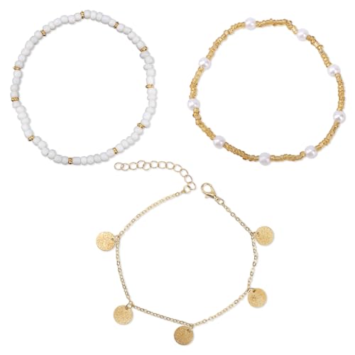 3pcs Beaded Ankle Bracelets for Women, Adjustable Bohemian Anklet with Pearl & Sparkling Accents Foot Jewelry Accessories for Summer Beach